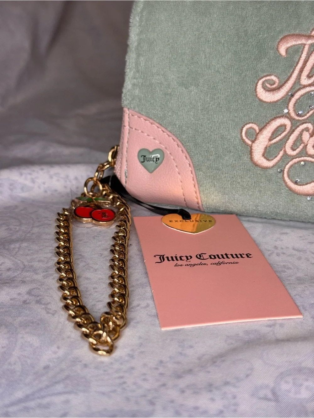 Juicy Couture Soft Terrycloth Mint with Pink Embroidered Logo Wristlet Wallet